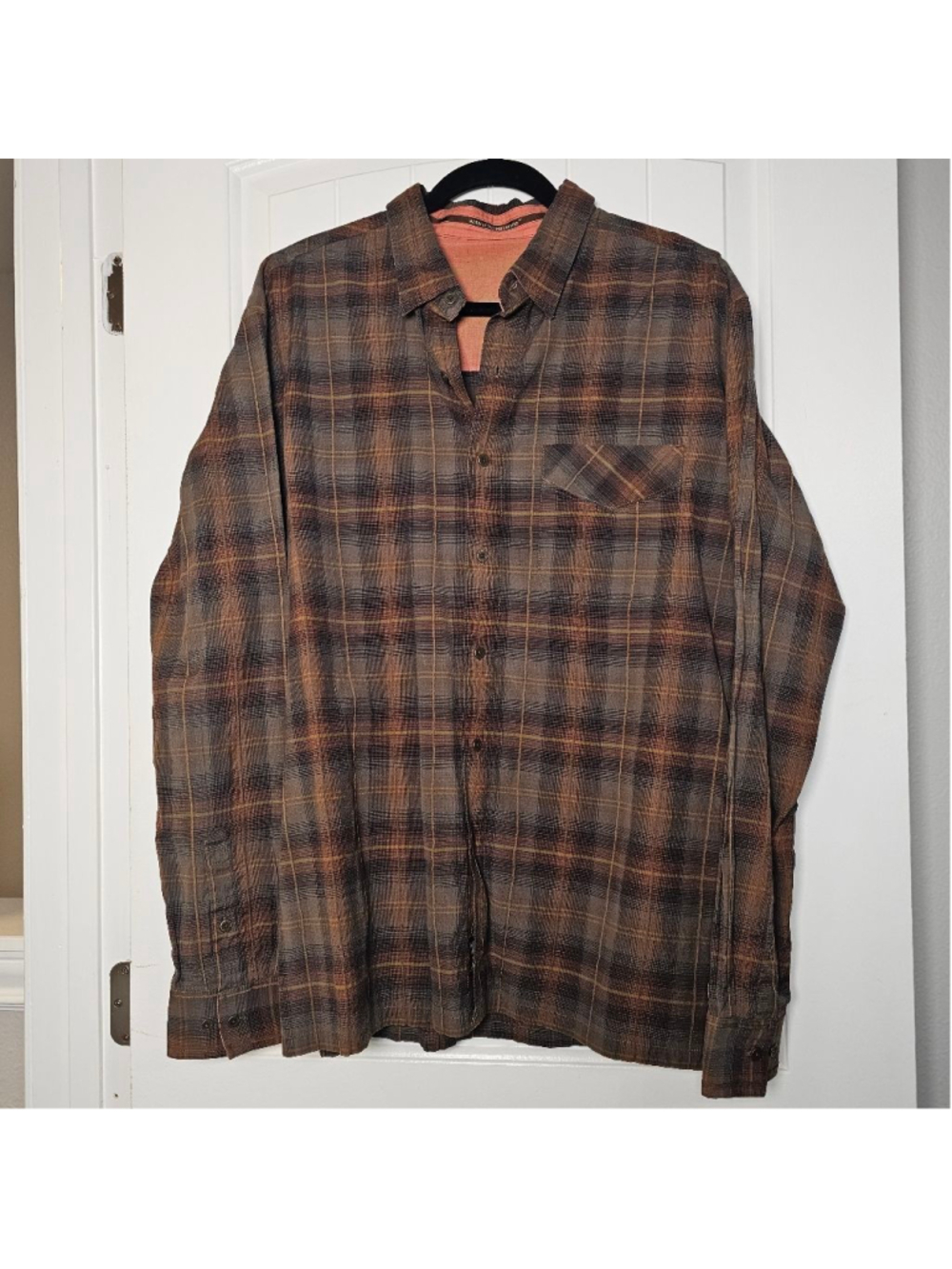 Kuhl XL brown/orange plaid flannel button down shirt, long sleeve